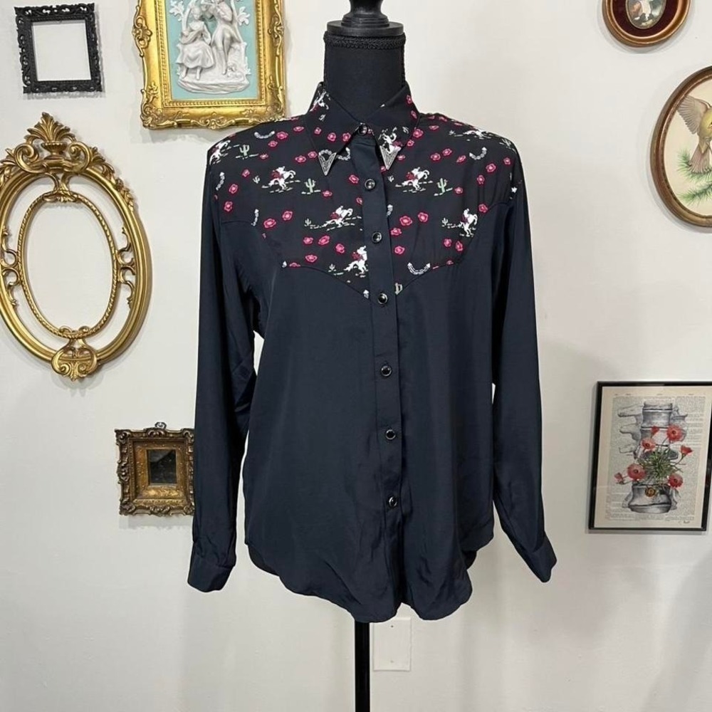 Vintage Deborah Jules Western Black Button Up Blouse Cowboy & Cactus Print Small
